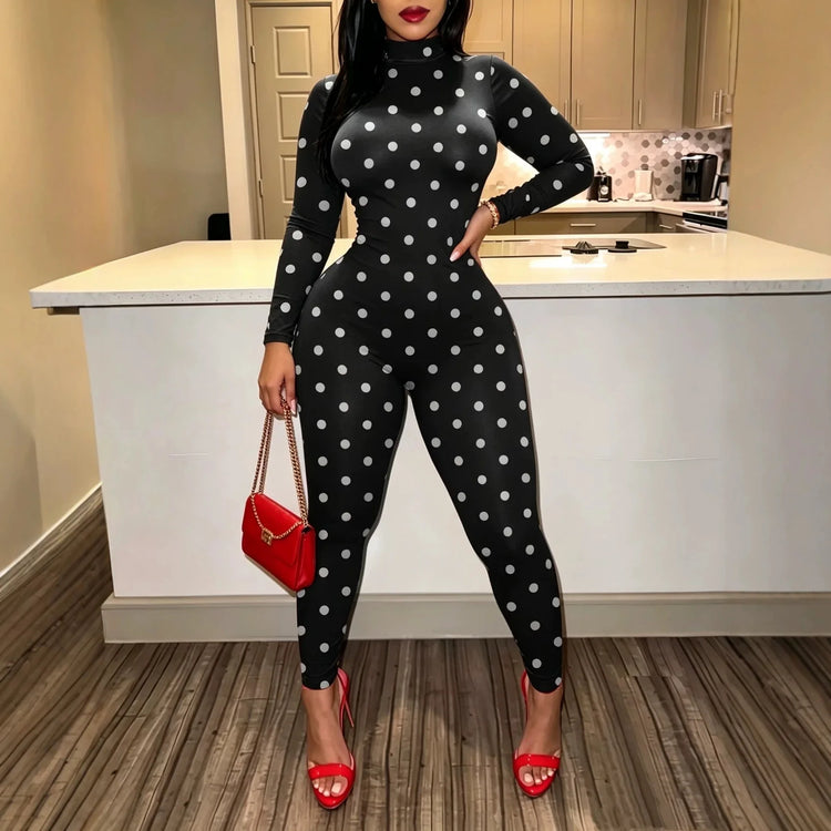 Sexy Women Polka Dot Bodycon Jumpsuit High Neck Long Sleeve Slim Fit One Piece Y2K Clubwear Party Outfit
