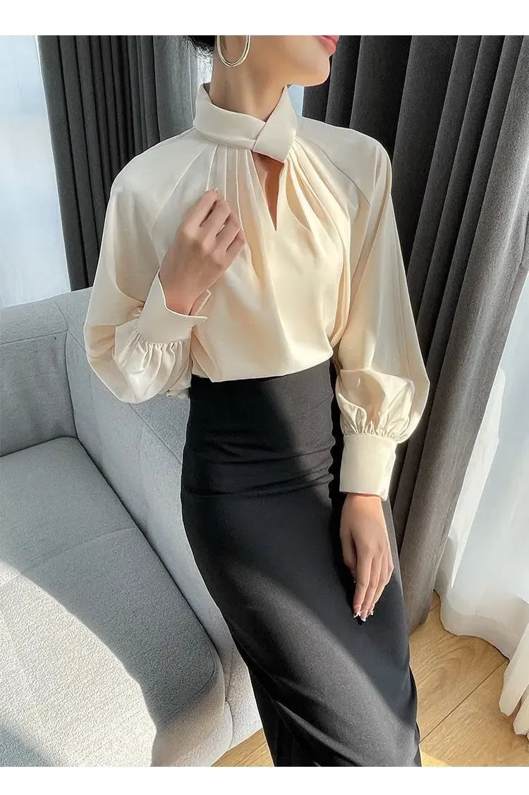 Women's Korean Fashion Hollow Ruffled Elegant Blouse Office Lady Stand Collar Business Casual Shirt Long Sleeve Solid Loose Tops