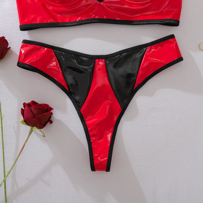 European and American spicy girl comfortable contrasting PU leather slim fit shaping sexy lingerie two-piece set