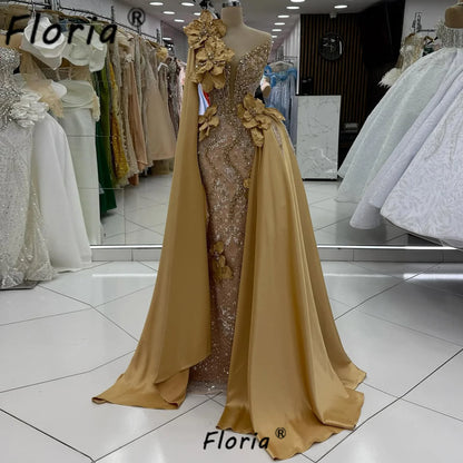 Luxury Gold Wedding Dress Beaded Crystal Appliques 3D Flowers Bride Party Gowns Prom Customized African Woman Vestidos de Gala