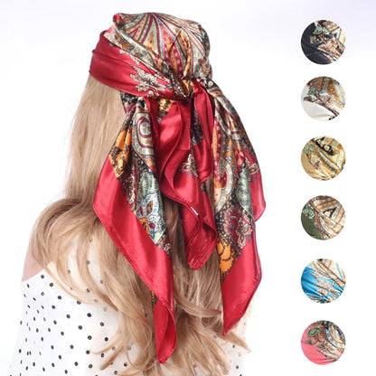New 90*90cm Retro Brand Women Silk Scarf Bandanna Fashion Bohemian Pattern Square Hijab Lady Wrap Headband Foulard Muffler
