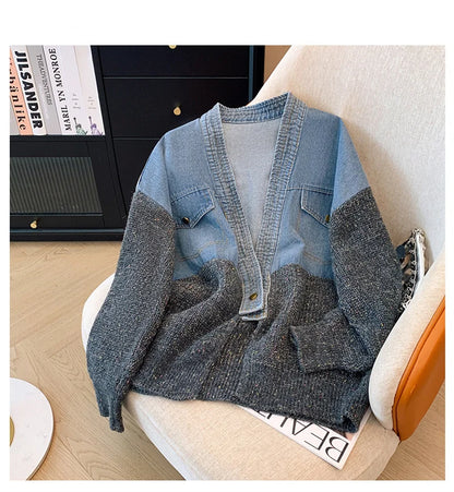 Fat mm200 Pounds Vintage Denim Patchwork Sweater Coat ins Fashion Woman 2024 Autumn and Winter Thickened Loose Niche Cardigan