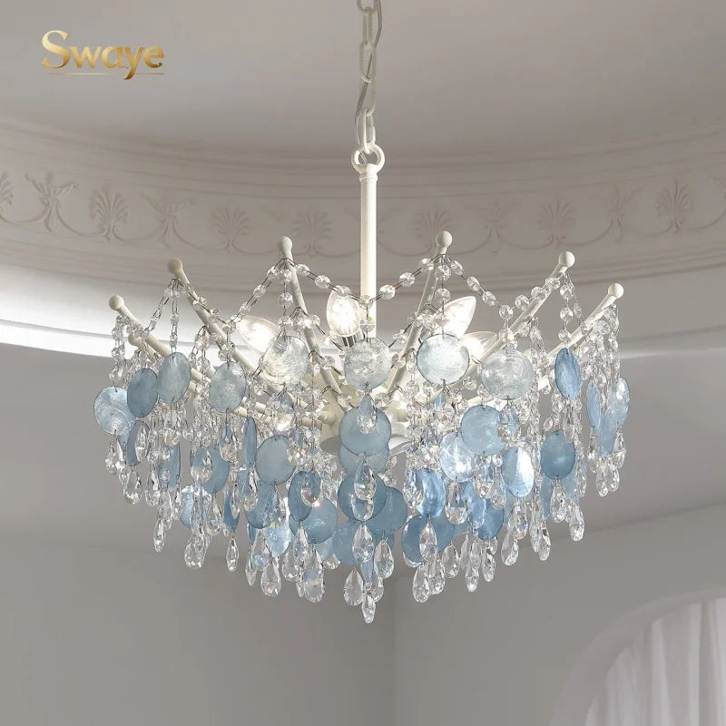 French Luxury LED Pendant Lights Blue White Natural Shell Crystal Chandelier Lamps for Romantic Living Dining Bedroom Home Decor
