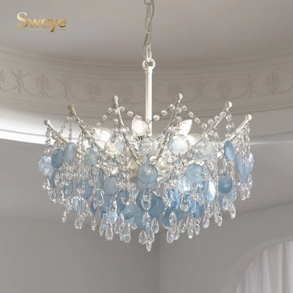 French Luxury LED Pendant Lights Blue White Natural Shell Crystal Chandelier Lamps for Romantic Living Dining Bedroom Home Decor