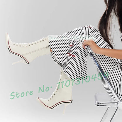White High Heel Canvas Ankle Boots Women Front Cross-tied Pointy Toe Shoes Side Zipper Sexy Girls Sporty Casual High Top Booties