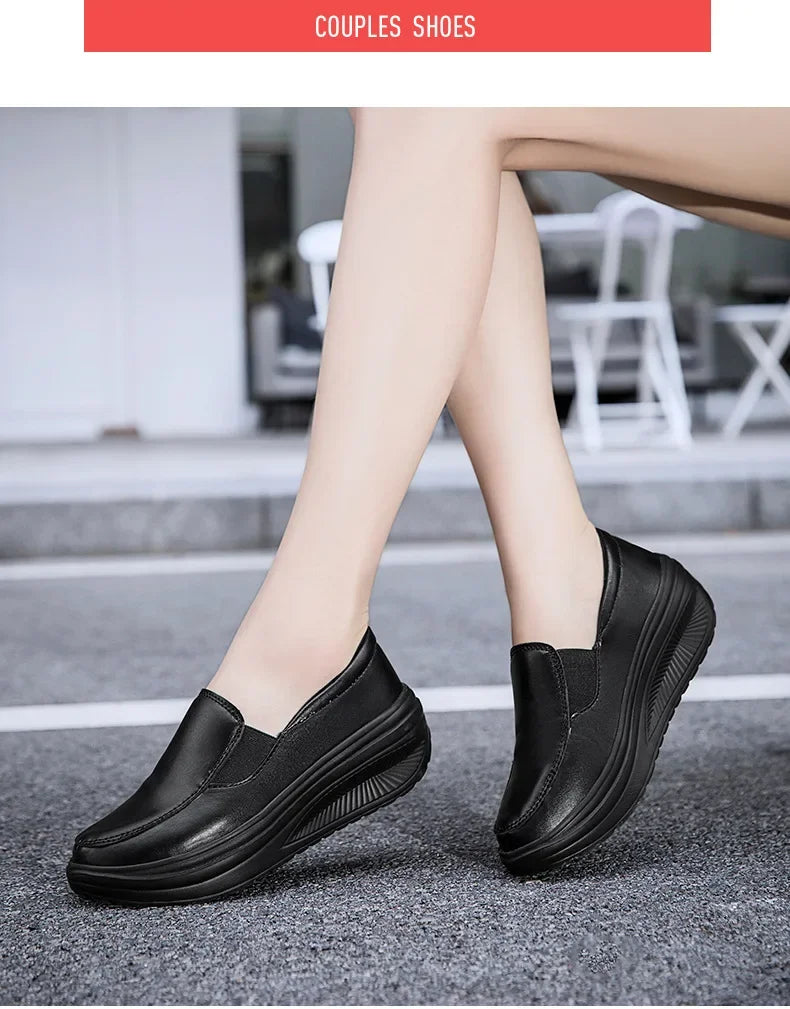 EOFK Women Moccasions Walking Shoes For Work Soft Wedges Platform Loafers Female Black Swing Slip On Casual Non Slip Female Shoe