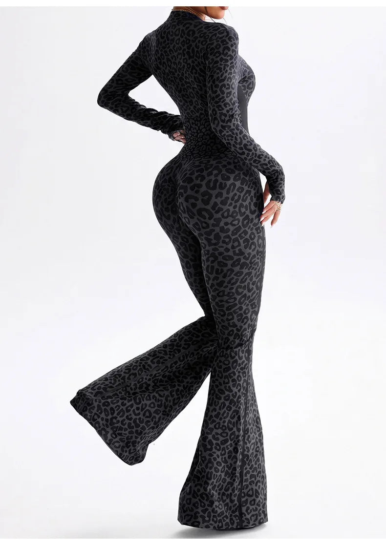 Women Leopard Print Fitness Jumpsuits Long Sleeve Zip-up Gym Sporty Overalls Female One Piece Flare Pants Running Yoga Tracksuit
