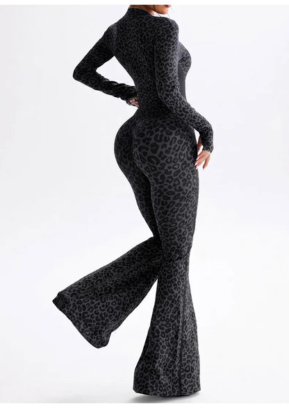 Women Leopard Print Fitness Jumpsuits Long Sleeve Zip-up Gym Sporty Overalls Female One Piece Flare Pants Running Yoga Tracksuit