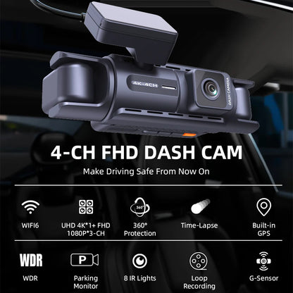 4 Channel GPS WIFI Car Dash Cam 360 Panoramic 8 IR Night Vision Lights 24H Parking Front 4K Inside/Rear/Left 1K Video Recorder