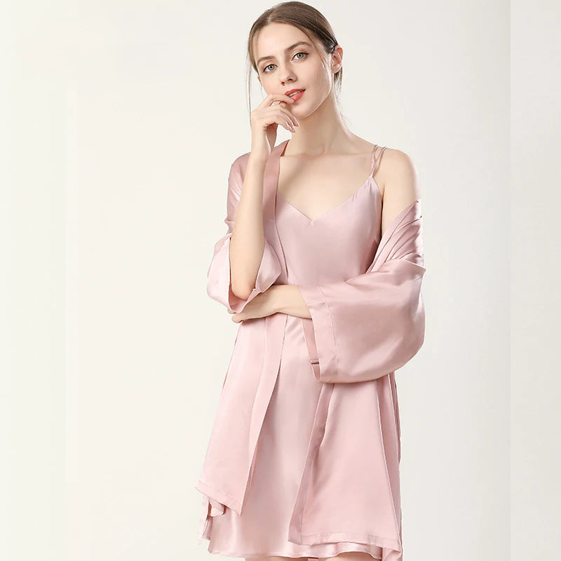 100% Real Silk Pajamas for Women Summer Two-Piece Set Sexy Cami Nightgown & Robe Set Mulberry Silk Sleepwear Autumn Winter