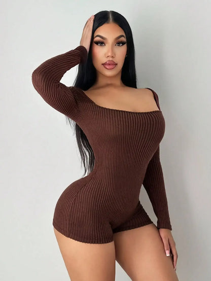 Fashionable Sexy Square Neck Solid Color Long Sleeve Slim Fit Ribbed Onesie Pants