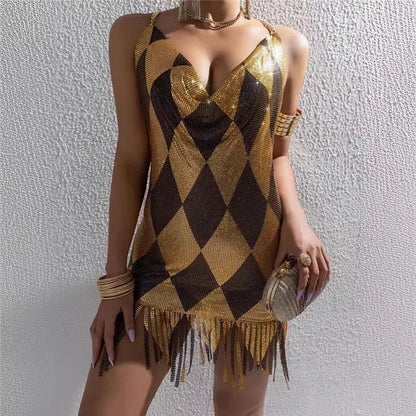 Women Glitter Diamond Metal Mesh Bodycon Mini Dress Halter Chain Back Fringe Hem Night Club Bar Birthday Party Evening Dress
