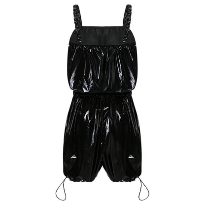Womens Glossy Waterproof Diaper Cover Sling Bodysuit Waistband Drawstring Legs One-piece Cami Rompers Adaptive Short Jumpsuit