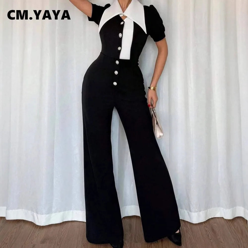 CM.YAYA Fashion Women Puff Short Sleeve Patchwork Bowknot Button Fly Wide Leg Jumpsuits Street Outfits One Piece Suit Rompers