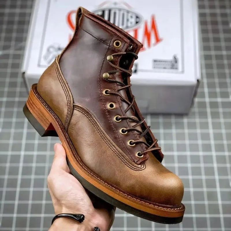 HOT Cowhide Men's Trekking Boot British Ankle Casual Sneakers Trekking Shoes Thick Soled High Top Motorcycle Boots