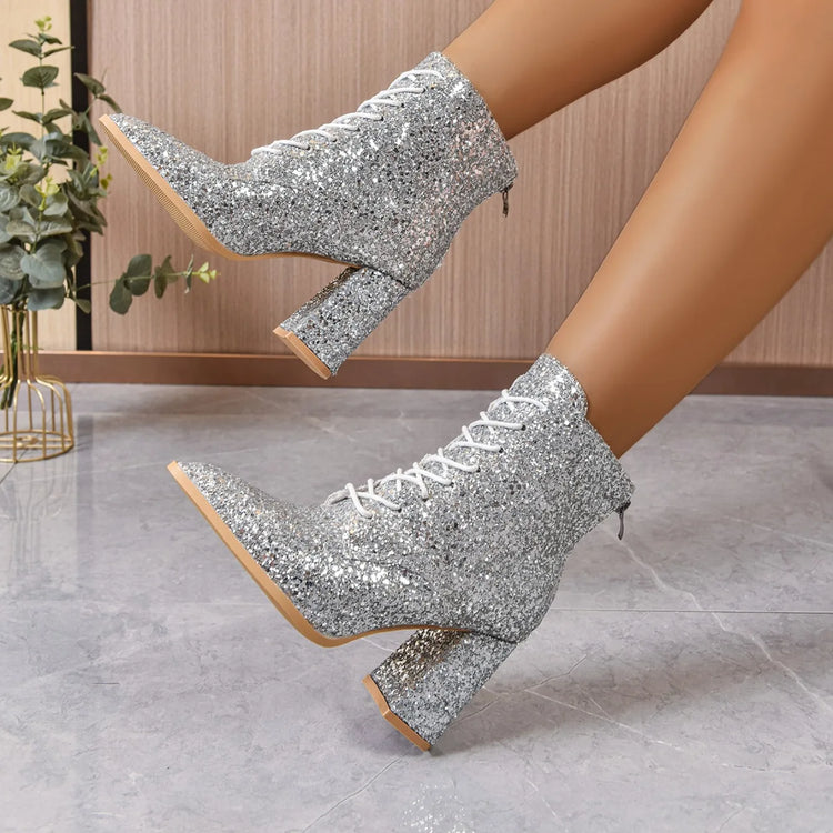 Elegant Women Ankle Boots Winter Lace Up Comfortable Fashion Mid Calf Boots Women Large Size Sexy Luxury High Heels Shoes Women