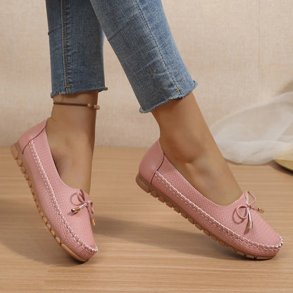 Goreyodoly Womens Casual Slip On Flats Woven Pattern Bow Breathable Lightweight Comfortable Daily Walking Shoes