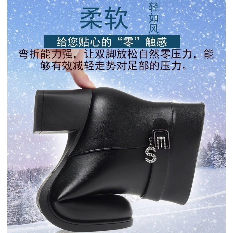 High-Heeled Leather Shoes Spring Single Shoes Thick Heel Thick Sole Slip-On Women's Shoes Square Toe Middle-Aged Mother's Shoes