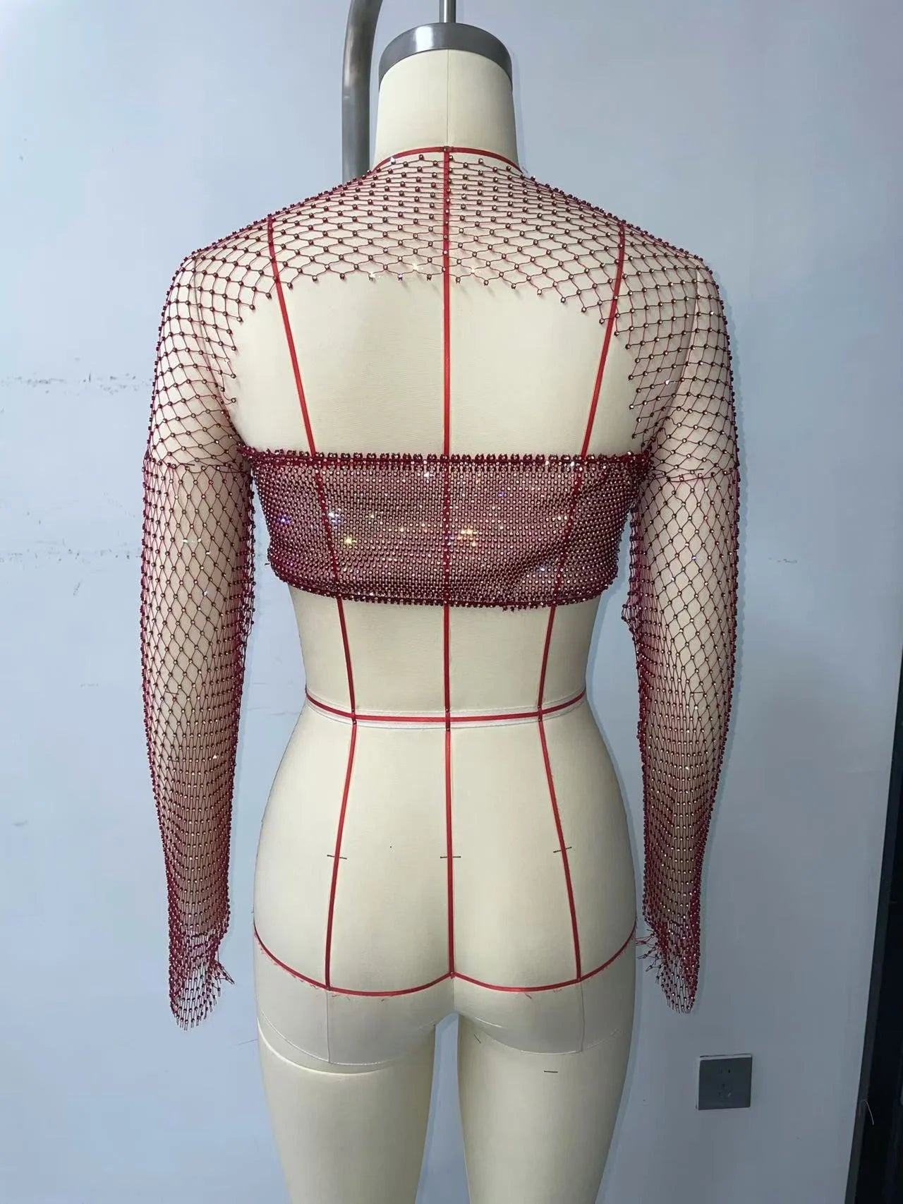 Glitter Rhinestone Long Sleeve T Shirt Sexy See Through Hollow Out Fishnet Mesh Backless Crop Tops Nightclub Party Tank Top