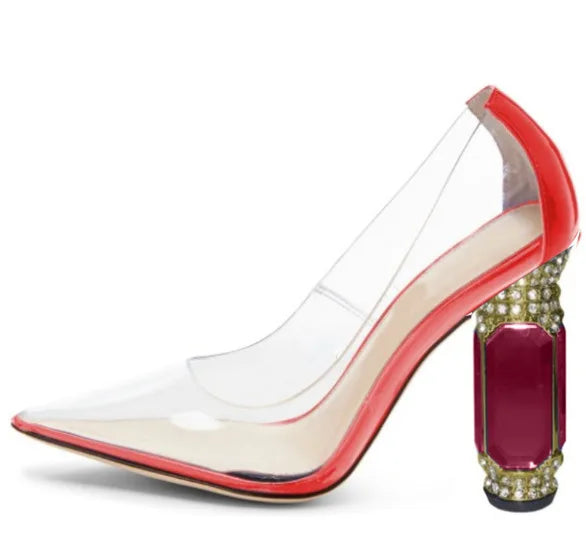 Laser PU Leather Pointed Toe Shallow Women Pumps Shoes Gemstones High Heels Slip On Design Large Size Fashion Shoes