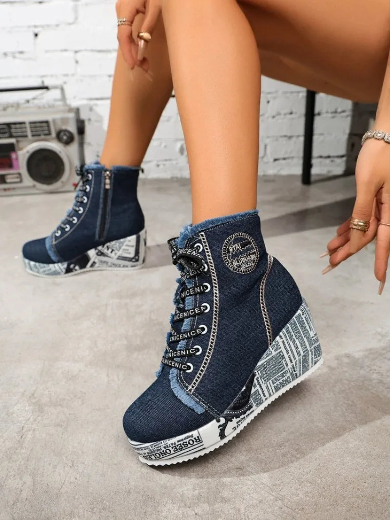 Women's Wedge Sneakers High Top Round Toe Denim-Look Lace-Up Side Zipper Letter Print Detail Casual Platform Ankle Boots 2026