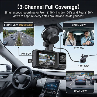 4K Dash Cam 3 Lens Driving Recorder WiFi Car DVR Front Inside Rear Triple Camera 2160P UHD Video Recorder 24H Parking Monitor