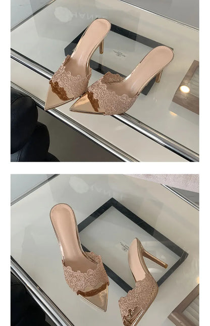 Luxury Lace Crochet Mule Slipper Woman Brand Design Point Toe High Heel Slide Sandal Ladies Elegant Evening Party Stiletto Shoes