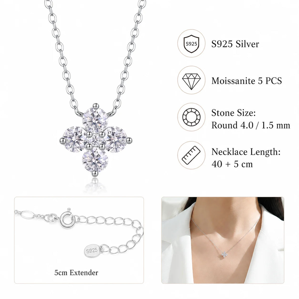 LongZhe Moissanite Necklace for Women 0.3CT 4mm Round Cut S925 Sterling Silver Flower Pendant Clavicle Chain Jewelry Gift