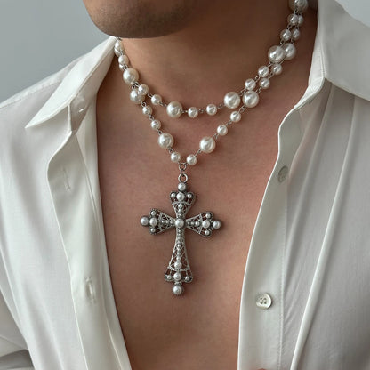IngeSight.Z Charm Elegant Imitation Pearl Choker Necklace for Men Women New Goth Jesus Cross Pendant Necklace Male Party Jewelry