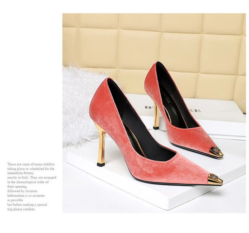 Women Peach Pink Velvet Metal Capped Pointed Toe Pumps Gold Trapezoid Thin High Heels Gentle Retro Luxury Date Banquet Ladies
