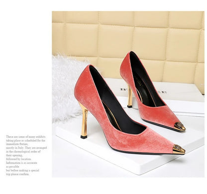 Women Peach Pink Velvet Metal Capped Pointed Toe Pumps Gold Trapezoid Thin High Heels Gentle Retro Luxury Date Banquet Ladies