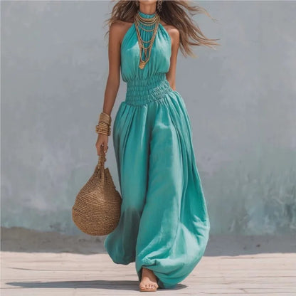 Summer Sexy Halter Sleeveless Pleated Jumpsuit Women Fashion Solid Elastic Waisted Wide Leg Jumpsuit Casual Loose Rompers Street