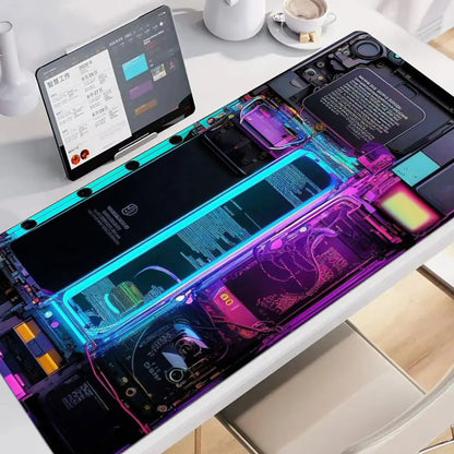 Large XXL Gaming Mouse Pad Desk Mat Keyboard Pad Cyan Circuit Gear Tech Cyberpunk Aesthetic  Mousepad For E-Sports Gamers Boys