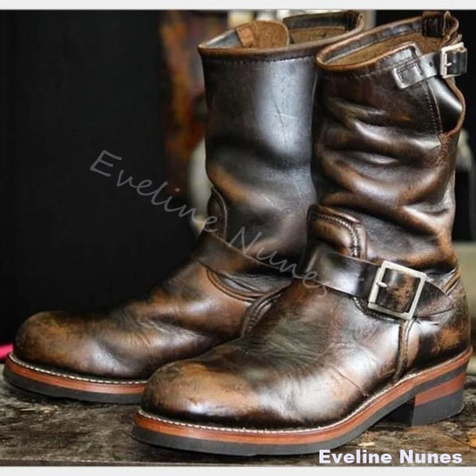 Black Vintage Leather Engineer Boots Men Round Toe Double Metal Buckle Slouchy Mid Calf Boots Low Block Heel Motorcycle Boots