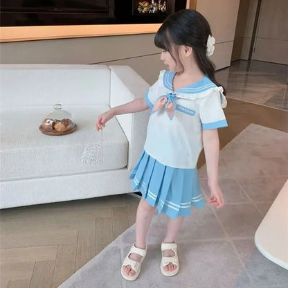 Summer Children Girls Student Uniform Set kids JK Mandarin Collar T-shirts and Pleated Skirts 2 Pieces Suit Kid School Uniform