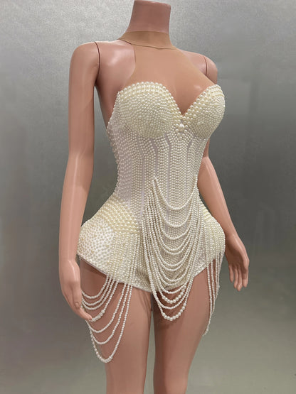 Luxury Pearls Beading Sexy Halter Backless Bodysuit Evening Party Performance Costume Bar Nightclub Singer Dancer Stage Wear