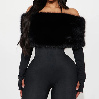 Autumn Winter Furry Long Sleeve Tight Jumpsuit Bodysuits Shapewear Fashion Slim Onesie One Piece Jumpsuits Women's Sexy Trousers