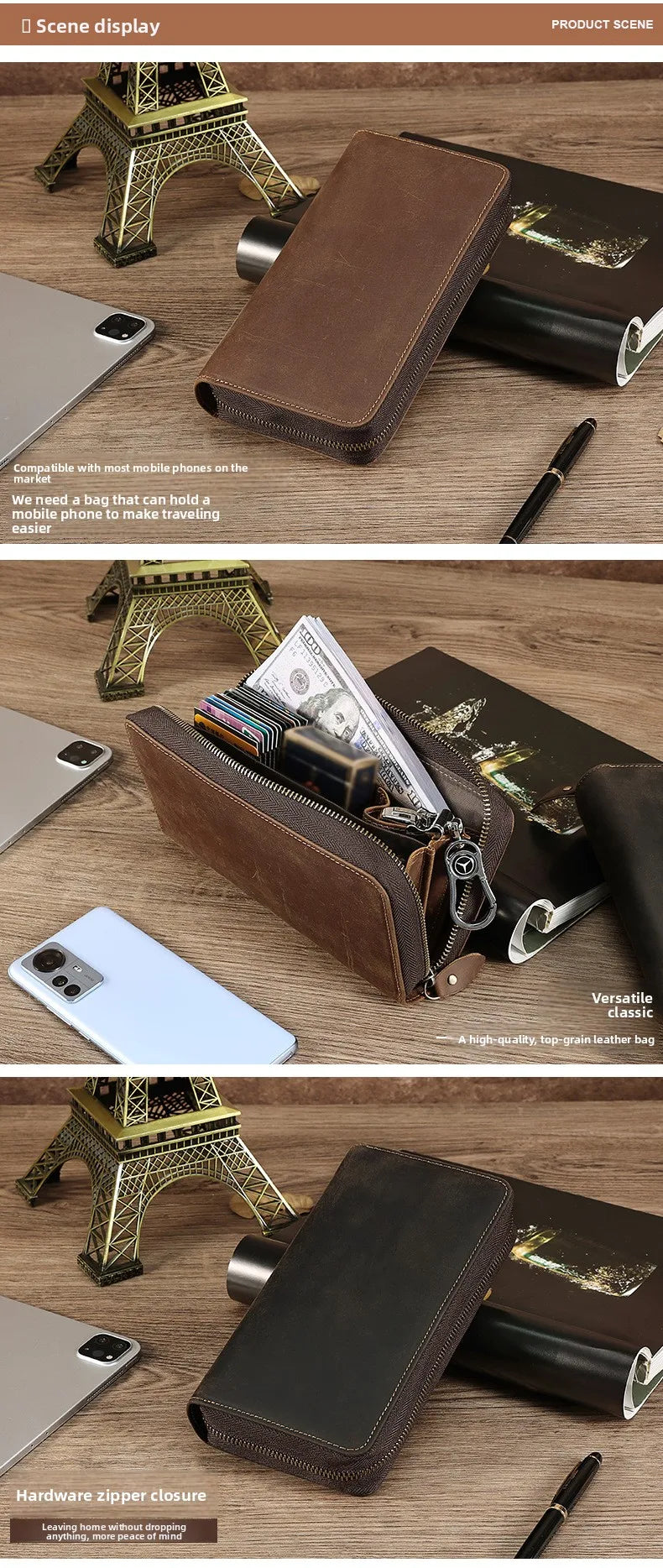 Men's Clutches Long Handbag Business Vintage Cow Leather Man Long Wallet For Men And Woman Oil Wax Zipper Bag Purse