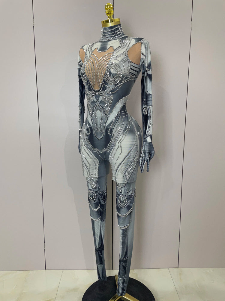 2025 New Trendy Women Sexy Rhinestones Printed Skinny Jumpsuit High Street Performance Dance Costume Bar Club Show Stage Wear