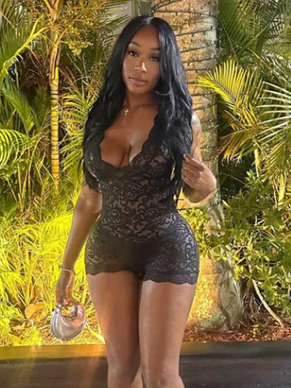 Weird Puss Sexy See-Through Rompers Woman Summer Lace V-Neck Thin Solid Sleeveless Low-Neck Stretch Peach Hip Skinny Playsuit