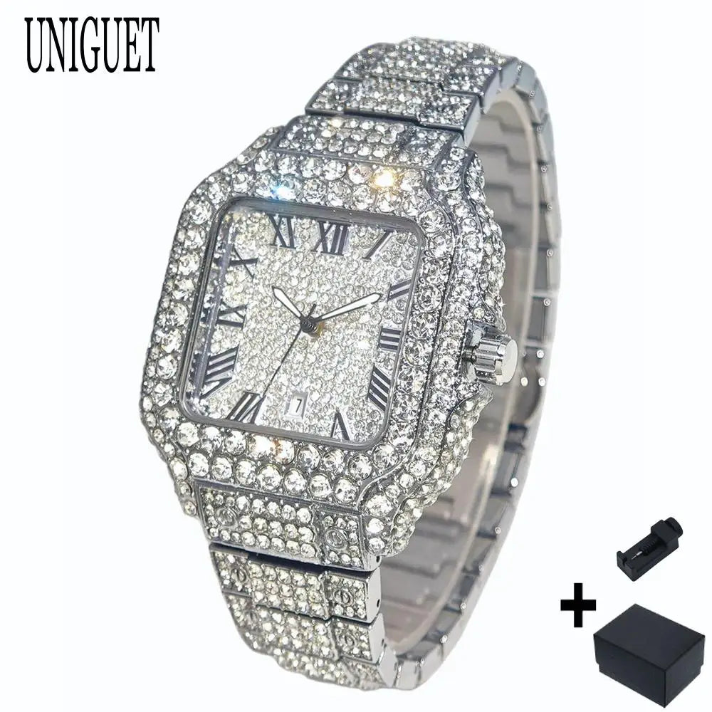 Cool Black Iced Watch For Man Fashion Brand UNIGUET Hip Hop Diamond Bling Bling Jewelry Square Wrist Watch Mens Dropshipping