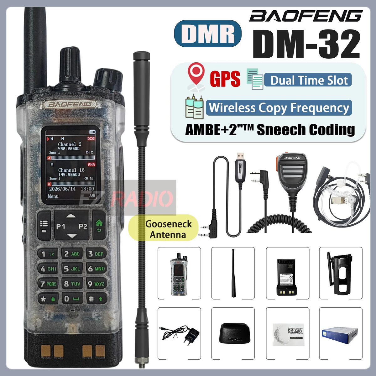Transparent Baofeng Radio DM 32UV DMR Digital Wireless Walkie Talkie With AES256 Encryption For Long Range Secure Contact skiing