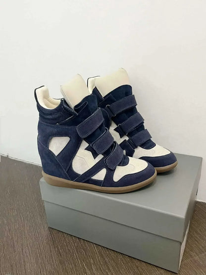 Women's Ankle Boots 2026 New Genuine Leather 8CM Hidden Heel Women Platform Sneakers Fashionable Splice Color Design Women Shoes