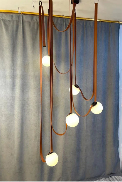 Nordic Leather Chandelier Italian Leather Belt Duplex Staircase Living Room Hotel Restaurant Decoration LED Lamps Pendant Lights