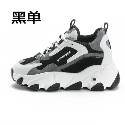 Women With Mesh And Synthetic Leather Upper Lace Up Design Round Toe Non Slip Thick Sole Breathable Casual Sports Shoes Trendy F