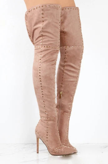Sexy Green Blue Suede Gold Studs Women Over The Knee Boots Ladies High Heel Thick Slip On Point Toe Rivets Motorcycle Botas