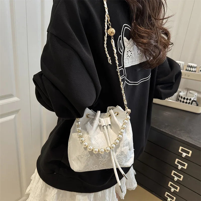 Sweet Butterfly Women Drawstring Bucket Shoulder Bags Versatile Ladies Crossbody Bag Clutch Fashion Girls Pearl Chain Handbags