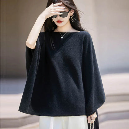 Autumn New 100% Merino Wool Shawl Pullover For Women Soft Solid Cashmere Knitwear Shawl Scarf Female Popular Sweater Grace Tops