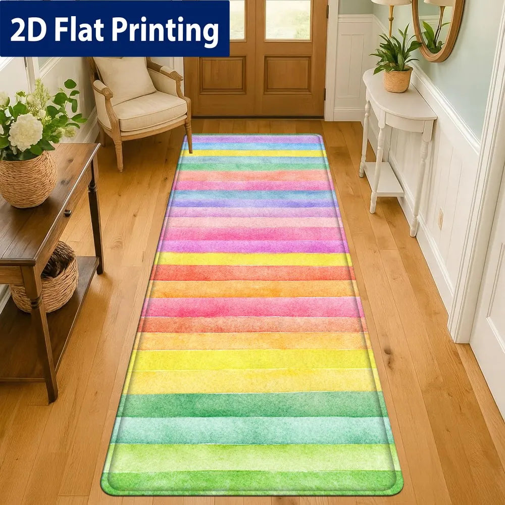 Watercolor Rainbow Stripe Kitchen Runner Rug, Non-Slip Washable Durable Mat for Kitchen, Laundry Room & Entryway
