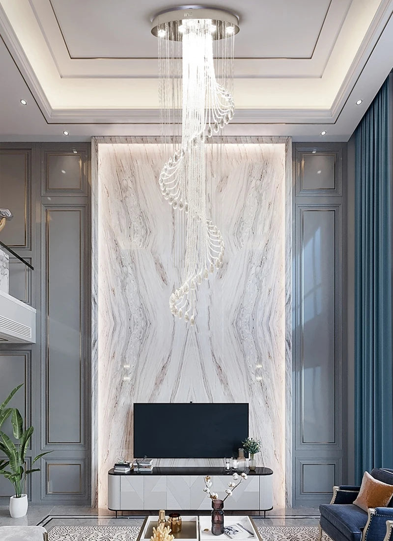 Modern Room Lights Spiral K9 Crystal Chandelier Staircase Creative LED Hanging Lamp Hotel Villa Decoraction Large Pendant Light